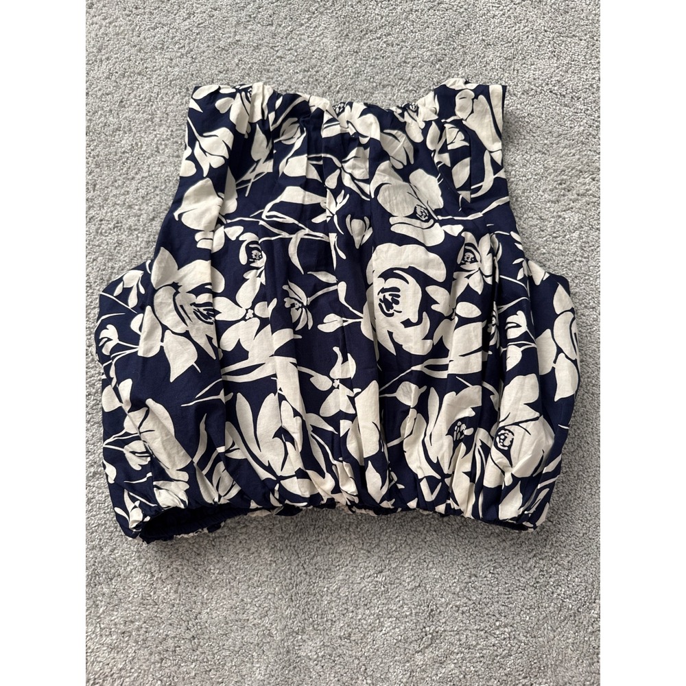 A New Day Womens Navy Blue White Floral Square Neck Bubble Hem Cotton Tank Top S - Picture 5 of 5